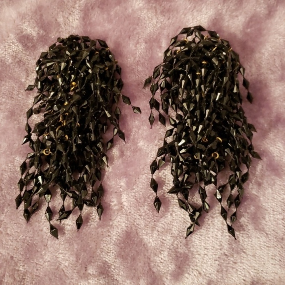 Vintage Black Beaded Cluster Clip On Earrings